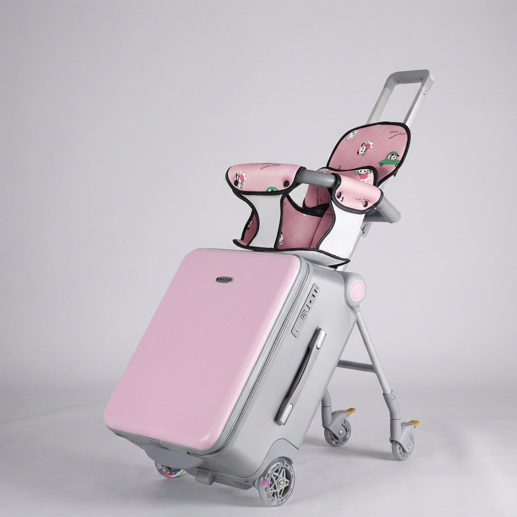 Praktisk RideBuddy børnekuffert med hjul, der fungerer som ride-on legetøj, perfekt til familieferier.