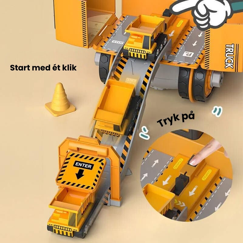 Børns ingeniør byggesæt, PlayBuild Startpakke, vist med samlede konstruktioner og løse dele til fri fantasi.