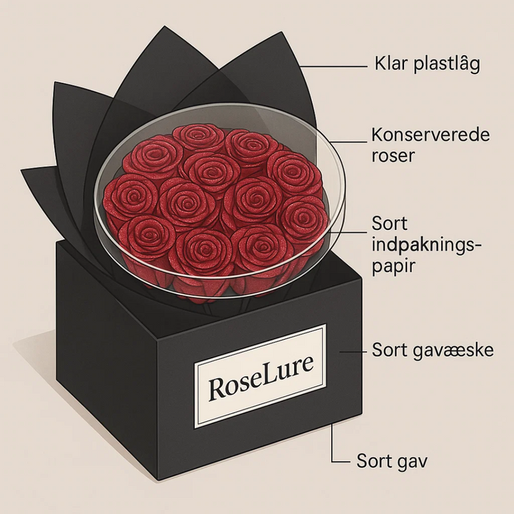 Enkeltstående evig rose i minimalistisk boks. Subtil og elegant indendørs dekoration uden besvær.