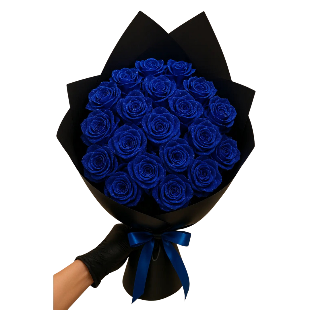 Elegant sort blomsterboks med et udvalg af farverige evige roser. Ideel som luksusgave uden pleje.