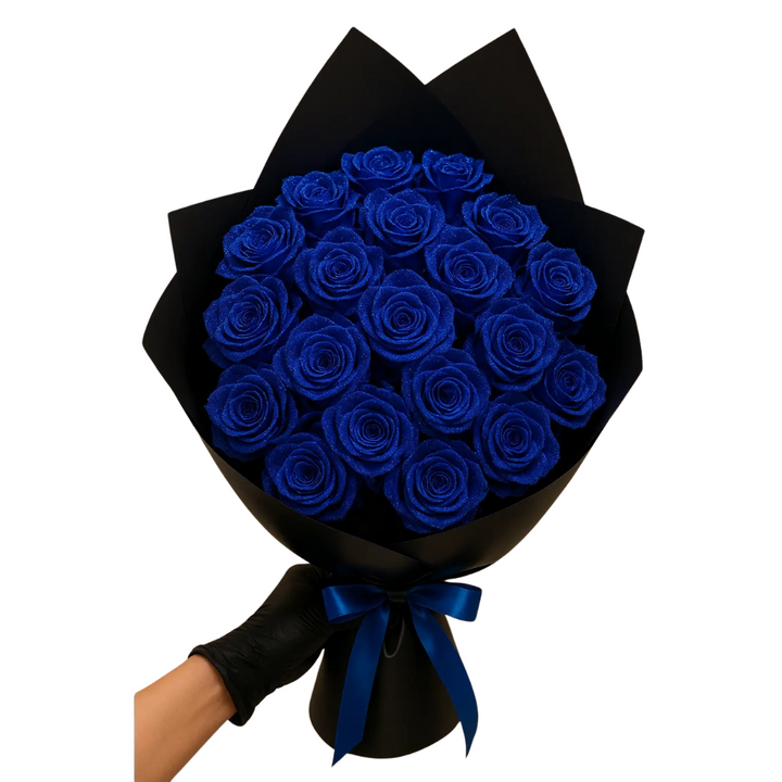 Elegant sort blomsterboks med et udvalg af farverige evige roser. Ideel som luksusgave uden pleje.