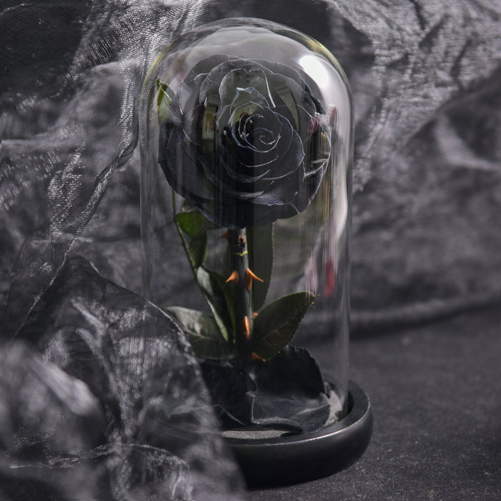 Elegant evighedsrose i glaskuppel med stemningsfuldt LED-lys. Perfekt som gave og smuk boligindretning.