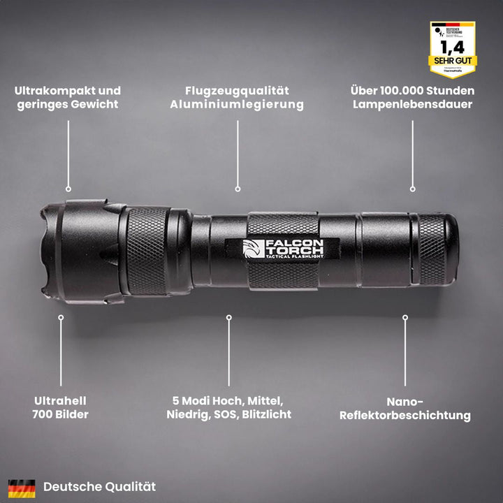 Ultrastærk 500 lumen militær lommelygte ViperX700 i aluminium med fem belysningstilstande til udendørs eventyr.