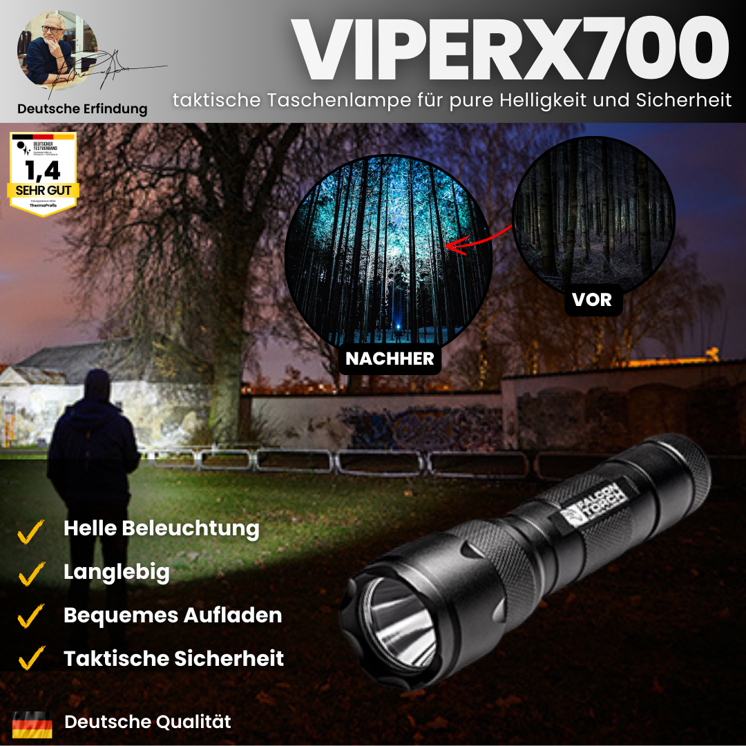 Ultrastærk 500 lumen militær lommelygte ViperX700 i aluminium med fem belysningstilstande til udendørs eventyr.