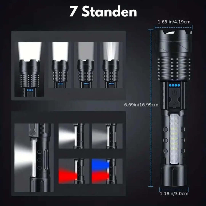 En detaljeret visning af en taktisk LED-lommelygte, der ligger på en træoverflade og viser dens robuste konstruktion og funktioner. Lommelygten er sort med en riflede overflade for forbedret greb, og har et markant lygtehoved og taktisk kant. Dens metalliske finish reflekterer lyset og fremhæver dens holdbarhed. Billedet tager højde for dens proportioner og fremviser dens kompakte, men alligevel kraftfulde natur, hvilket antyder dens anvendelse i udendørs eller nødsituationer.