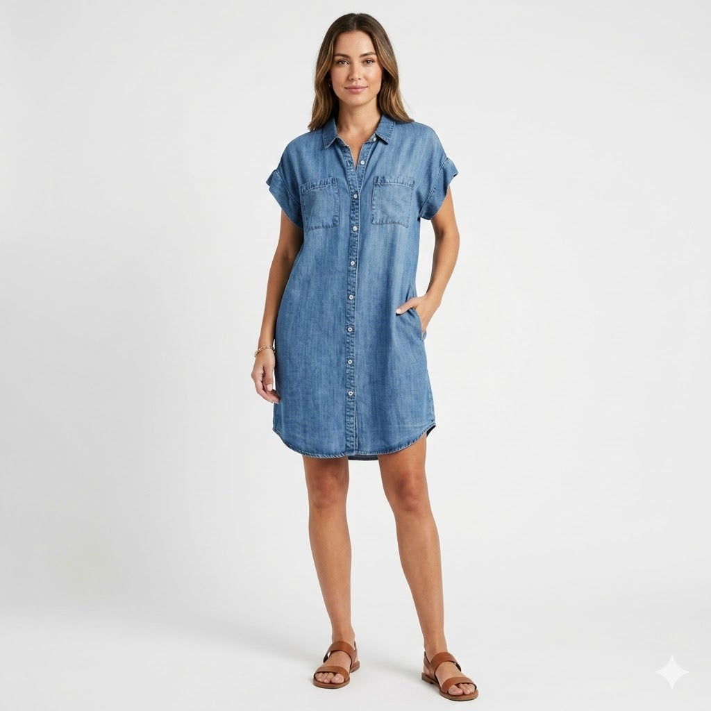 Kvinders stilfulde denim skjortekjole i mini-længde, perfekt til sommer og afslappet hverdag.
