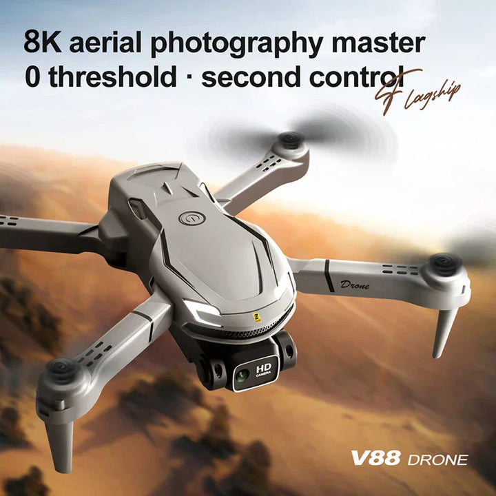 Sammenfoldelig Mini V88 Drone med 8K HD-kamera, GPS og dobbelt kamera, kompakt til professionel luftfotografering.