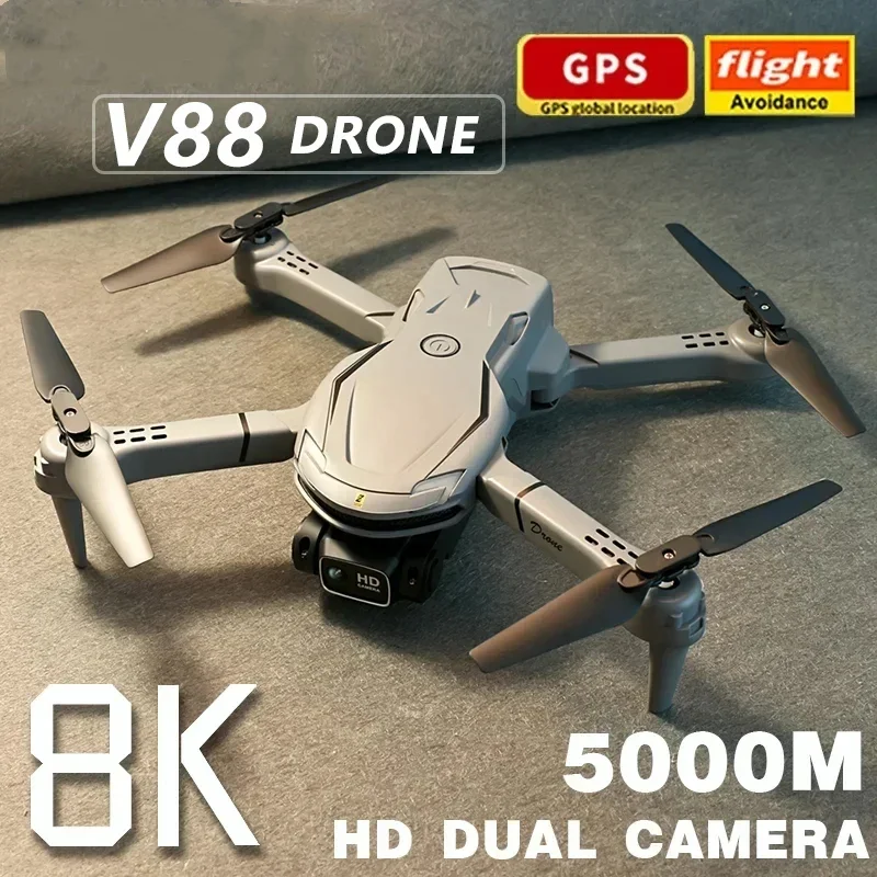 Sammenfoldelig Mini V88 Drone med 8K HD-kamera, GPS og dobbelt kamera, kompakt til professionel luftfotografering.