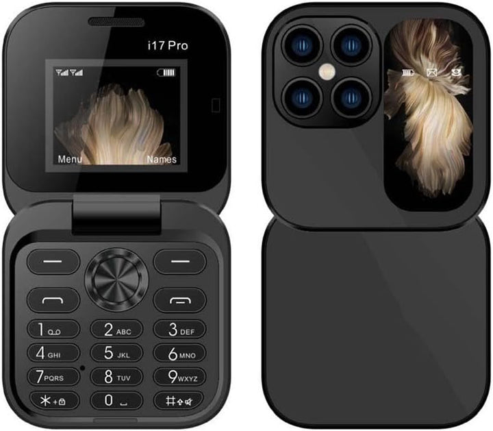 Sammenfoldelig mini-telefon med klapdesign, dobbelt SIM-brug og LED-lommelygte i elegant sort.