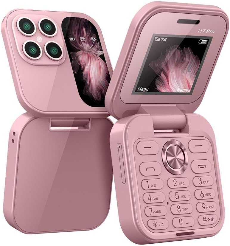 Sammenfoldelig mini-telefon med klapdesign, dobbelt SIM-brug og LED-lommelygte i elegant sort.