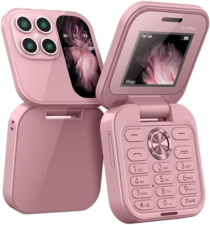 Sammenfoldelig mini-telefon med klapdesign, dobbelt SIM-brug og LED-lommelygte i elegant sort.