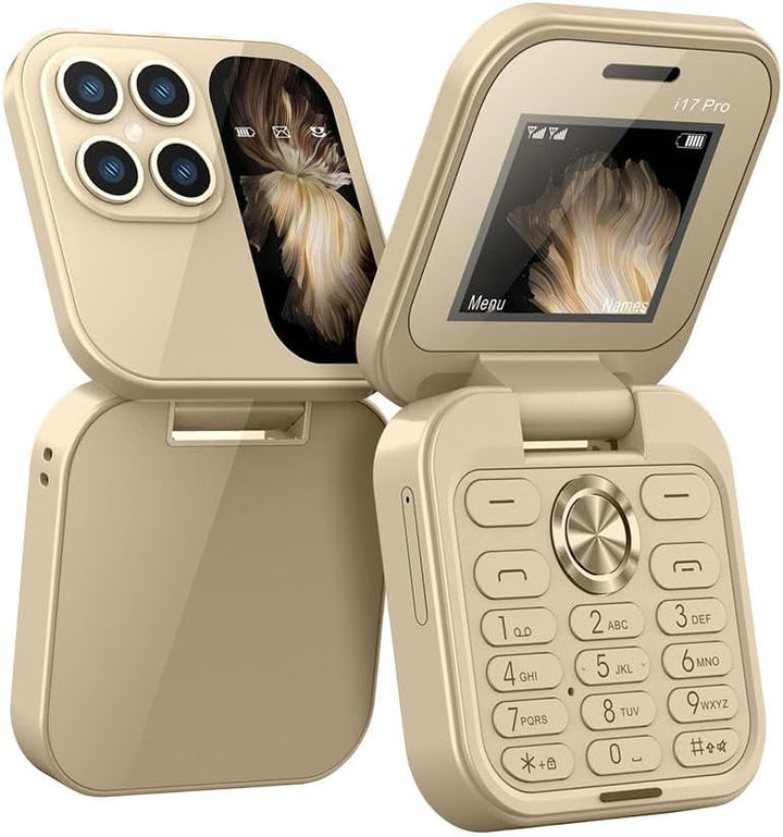 Sammenfoldelig mini-telefon med klapdesign, dobbelt SIM-brug og LED-lommelygte i elegant sort.