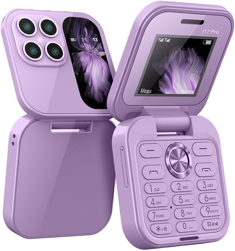 Sammenfoldelig mini-telefon med klapdesign, dobbelt SIM-brug og LED-lommelygte i elegant sort.