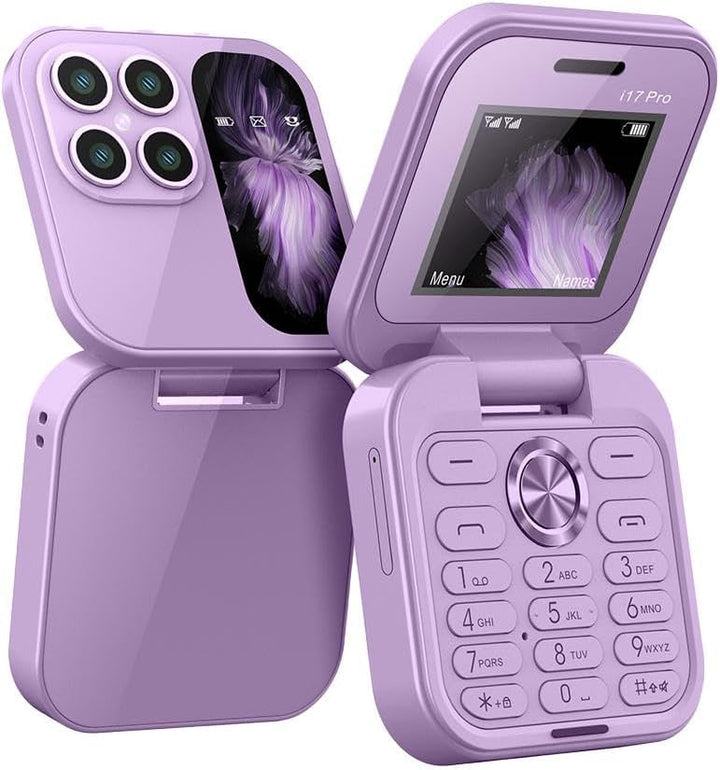 Sammenfoldelig mini-telefon med klapdesign, dobbelt SIM-brug og LED-lommelygte i elegant sort.