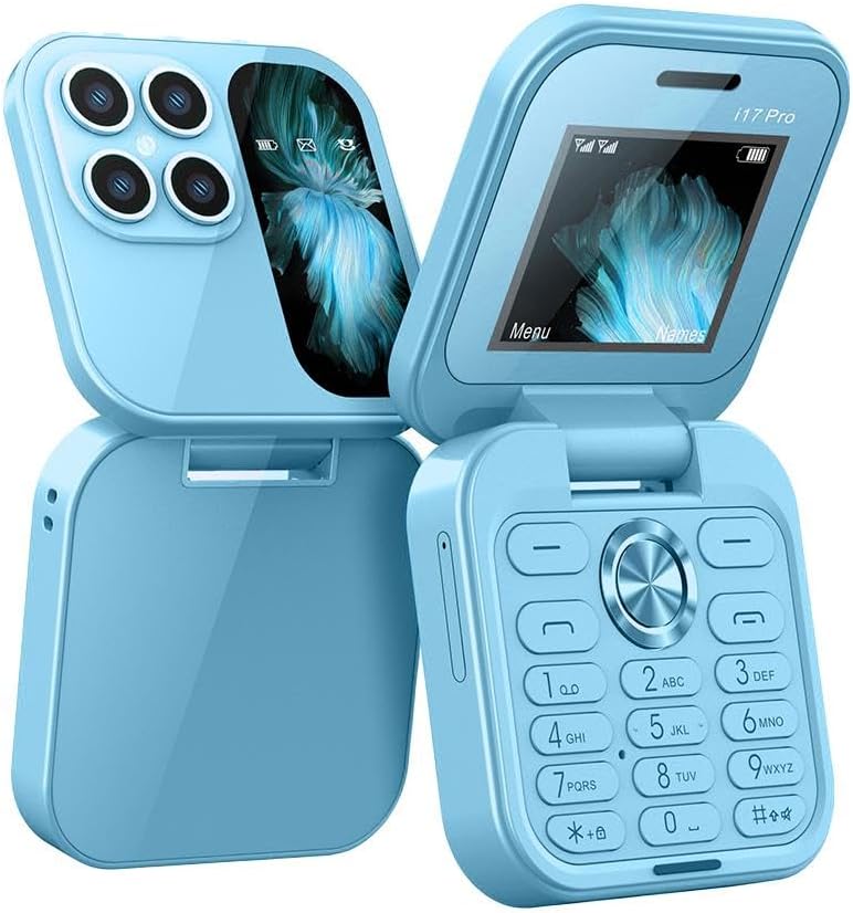 Sammenfoldelig mini-telefon med klapdesign, dobbelt SIM-brug og LED-lommelygte i elegant sort.