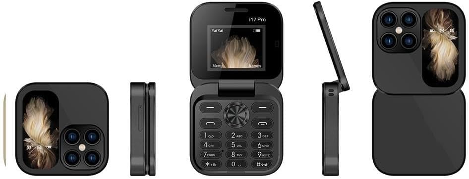 Sammenfoldelig mini-telefon med klapdesign, dobbelt SIM-brug og LED-lommelygte i elegant sort.