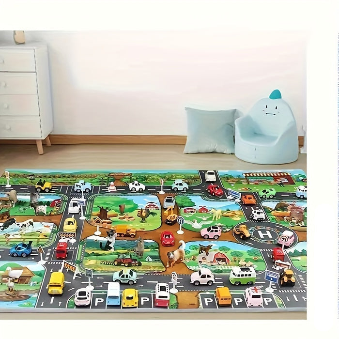 Farverig DuoPlay børns legemåtte: Bondegård & trafik, 130x100 cm, ideel til fantasifuld leg, maskinvaskbar