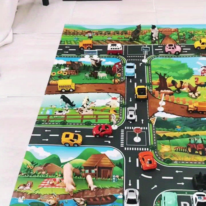 Farverig DuoPlay børns legemåtte: Bondegård & trafik, 130x100 cm, ideel til fantasifuld leg, maskinvaskbar