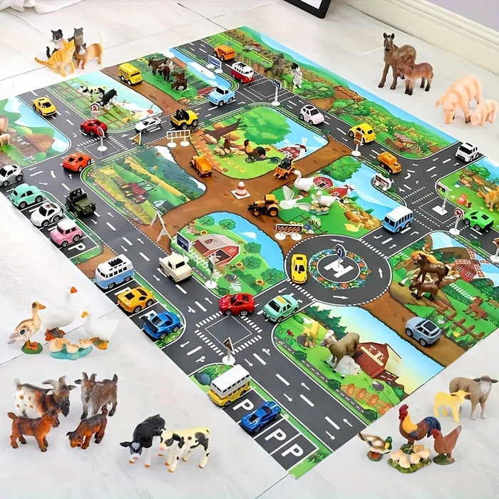 Farverig DuoPlay børns legemåtte: Bondegård & trafik, 130x100 cm, ideel til fantasifuld leg, maskinvaskbar
