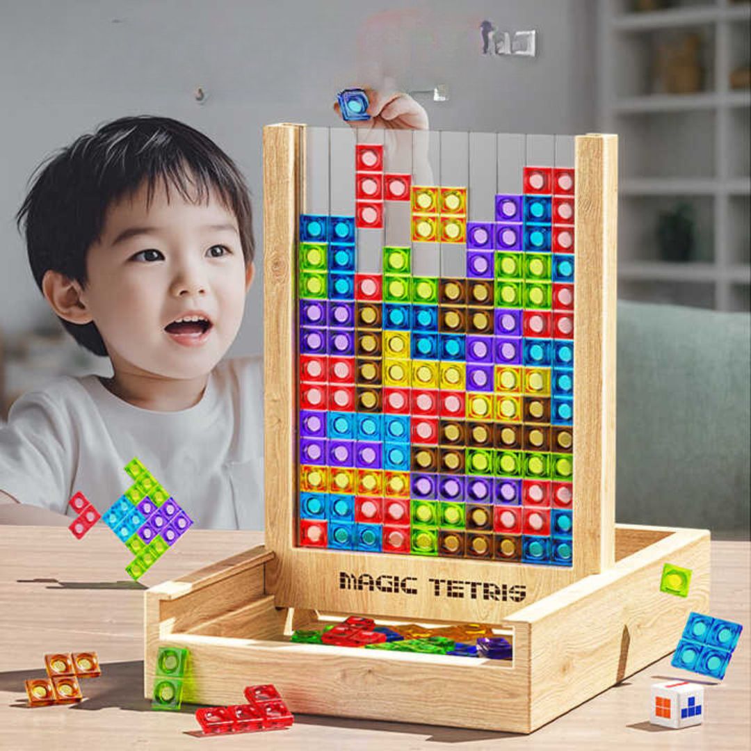 Farverigt Magisk Tetris puslespil i træ. Klassisk hjerneleg og strategi legetøj til børn og voksne.