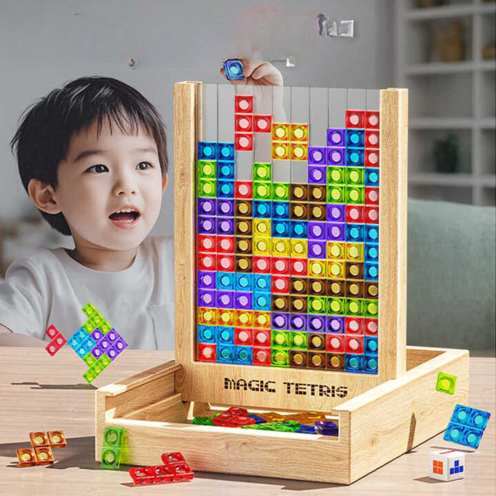 Farverigt Magisk Tetris puslespil i træ. Klassisk hjerneleg og strategi legetøj til børn og voksne.