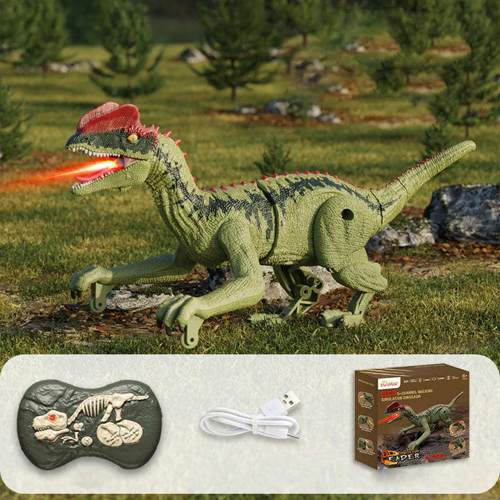 Fjernstyret dinosaur med tågespray, skræmmende design, realistiske bevægelser, sjov for børneværelset.