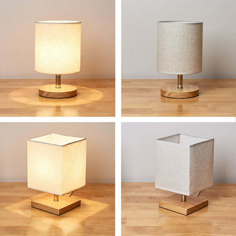 Minimalistisk bordlampe i træ og linned