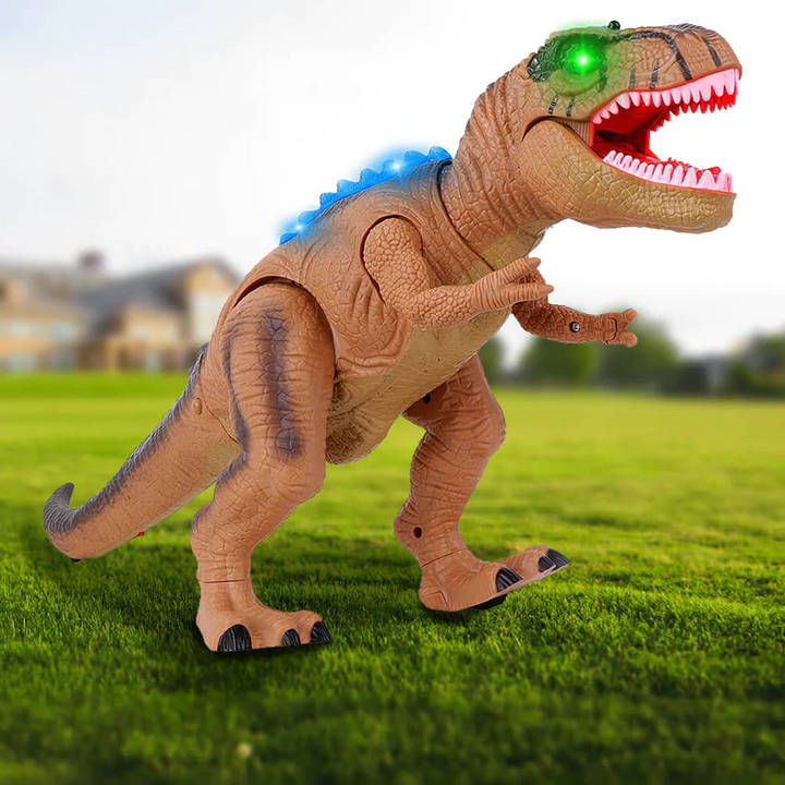 Elektrisk dinosaur legetøj med lysende øjne og bevægelige ben. Brøler og går. Til børn.