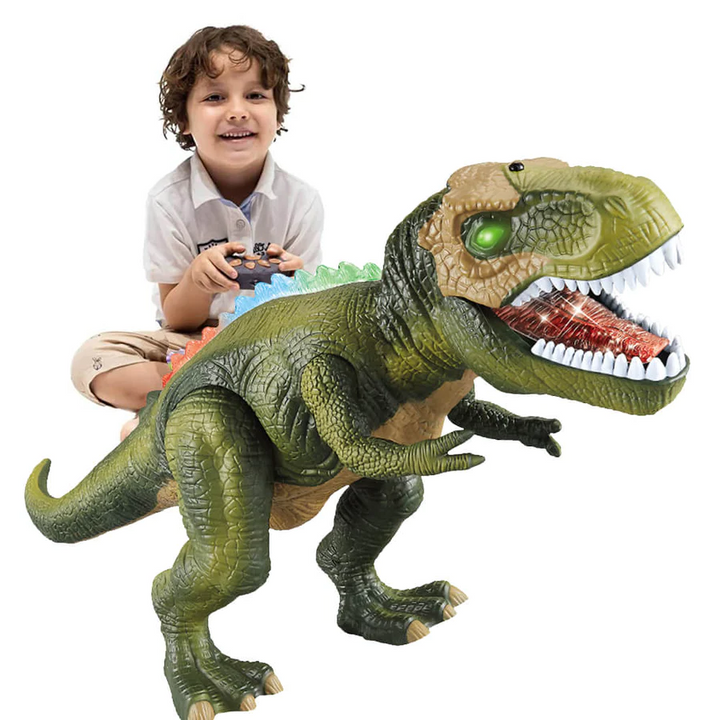 Detaljeret fjernbetjent dinosaur til børn. Går, brøler, og har lysende LED-øjne for sjov leg.