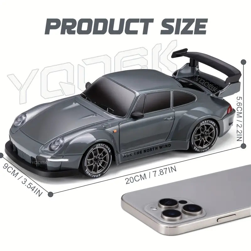 RC drift bil 1:24 drifter på underlag med lyse LED-lys. 4WD elektrisk hobbybil til indendørs underholdning og race.