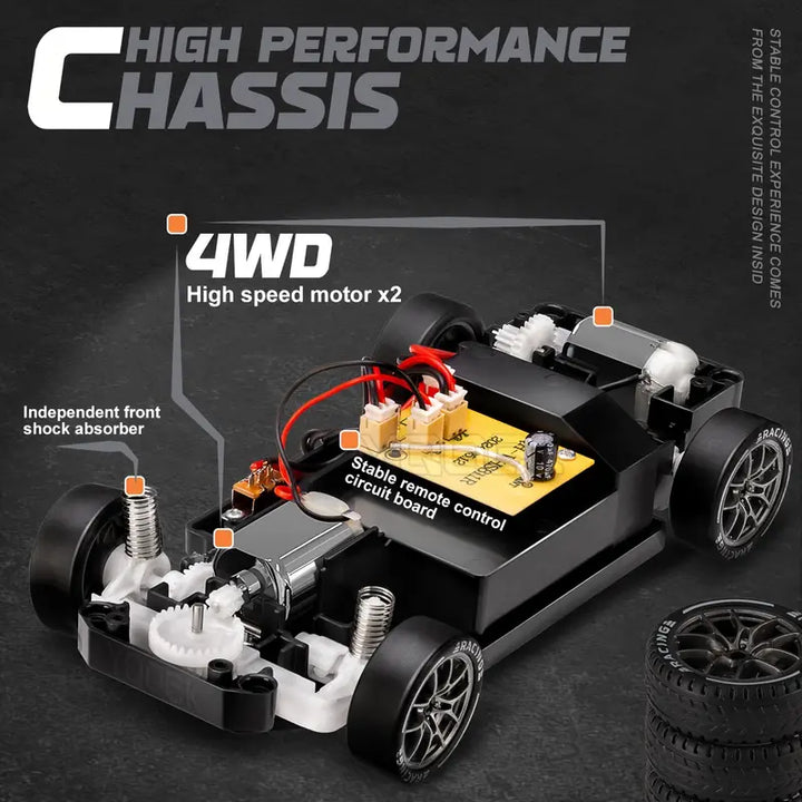 RC driftbil 1:24 drifter med 4WD og tændte LED-lys. Sjov fjernstyret legetøjsbil til indendørs/udendørs race.