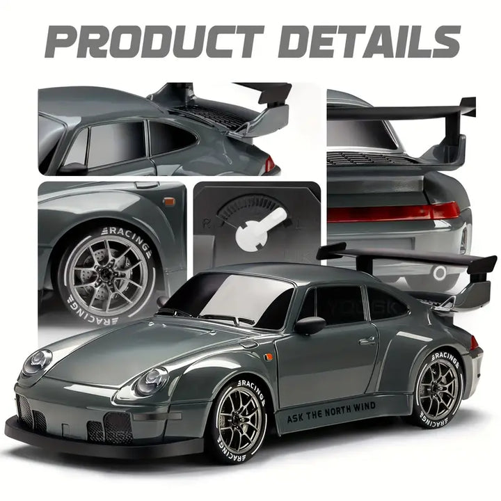 Frontbillede af sporty RC driftbil 1:24. Med 4WD, skarpe LED-lys. Perfekt gaveidé til RC hobby entusiasten.