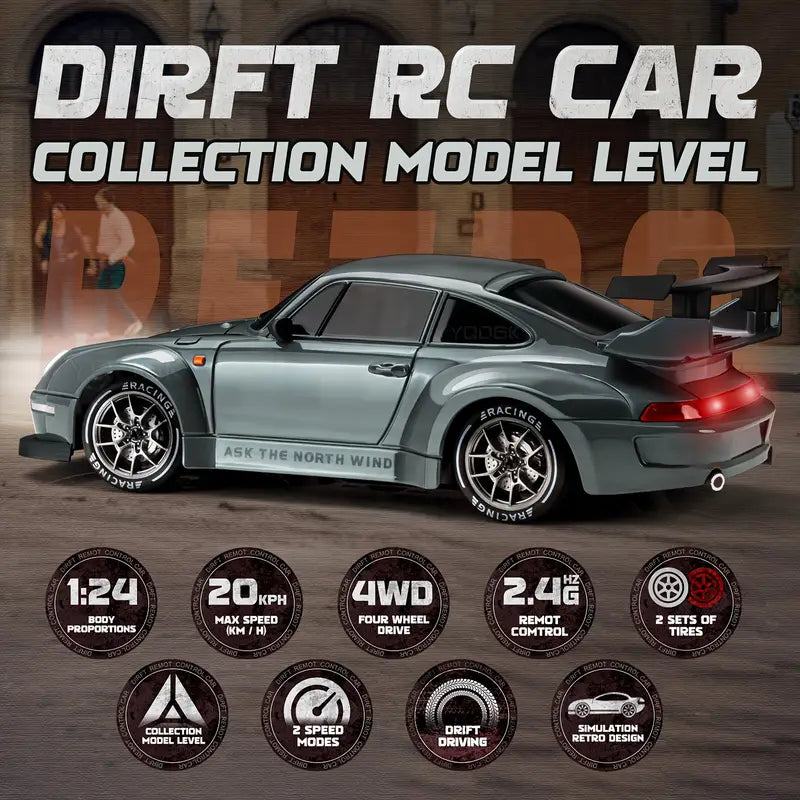 Nærbillede af RC driftbil 1:24 dæk og robust 4WD-system. Med LED-lys og genopladeligt batteri. Til RC hobby.