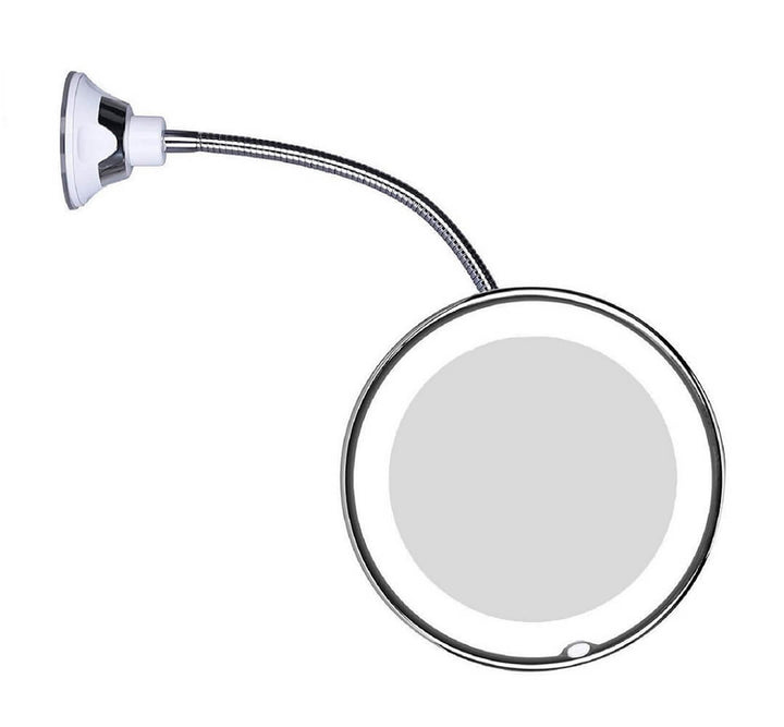 Fleksibelt LED forstørrelsesspejl med 10x zoom til præcis makeup og hudpleje, hvidt design.