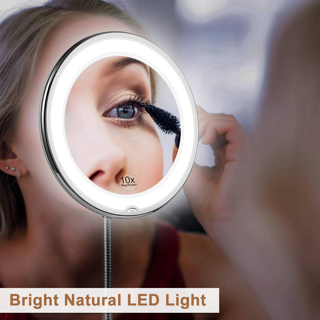 Justerbart LED makeup spejl med 10x forstørrelse, ideelt til detaljeret hudpleje og grooming.