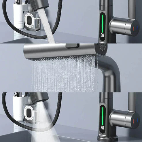 Fleksibel vandhane med LED-display, 5 spraytilstande, børstet nikkel-finish til køkken og badeværelse