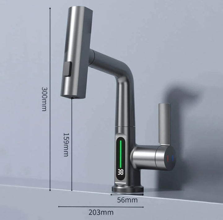 "Flexibler Wasserhahn mit LED-Anzeige, 5 Sprühmodi, gebürstetes Nickel-Finish für Küche und Bad"