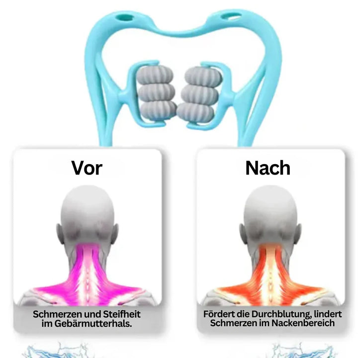 FlexiRoll nakke- og skuldermassager med 6 silikoneruller, ergonomiske håndtag, bærbar afslapning til hjemmet eller kontoret.