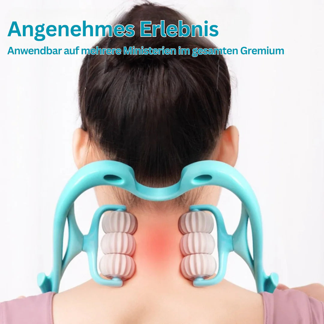 FlexiRoll nakke- og skuldermassager med 6 silikoneruller, ergonomiske håndtag, bærbar afslapning til hjemmet eller kontoret.