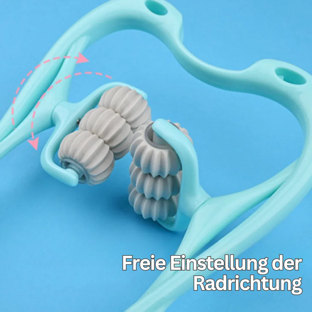 FlexiRoll nakke- og skuldermassager med 6 silikoneruller, ergonomiske håndtag, bærbar afslapning til hjemmet eller kontoret.