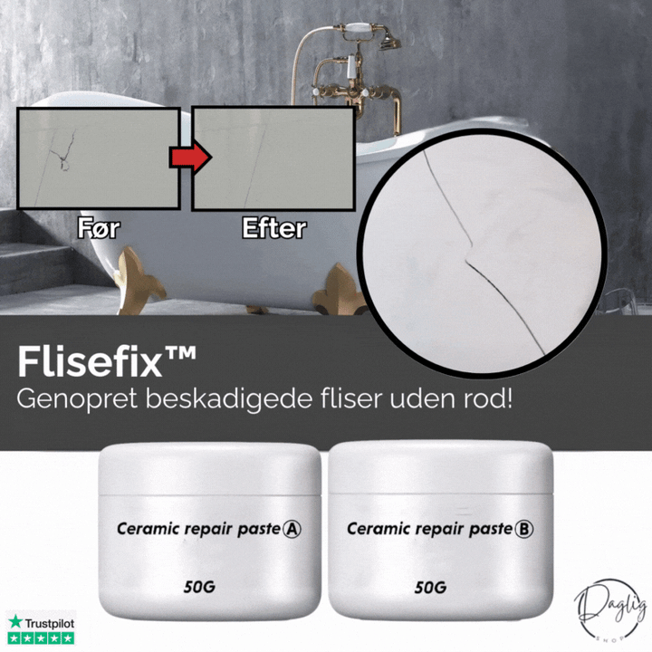 Flisefix reparationssæt til fliser og porcelæn. Gør-det-selv løsning til badeværelse og køkken.