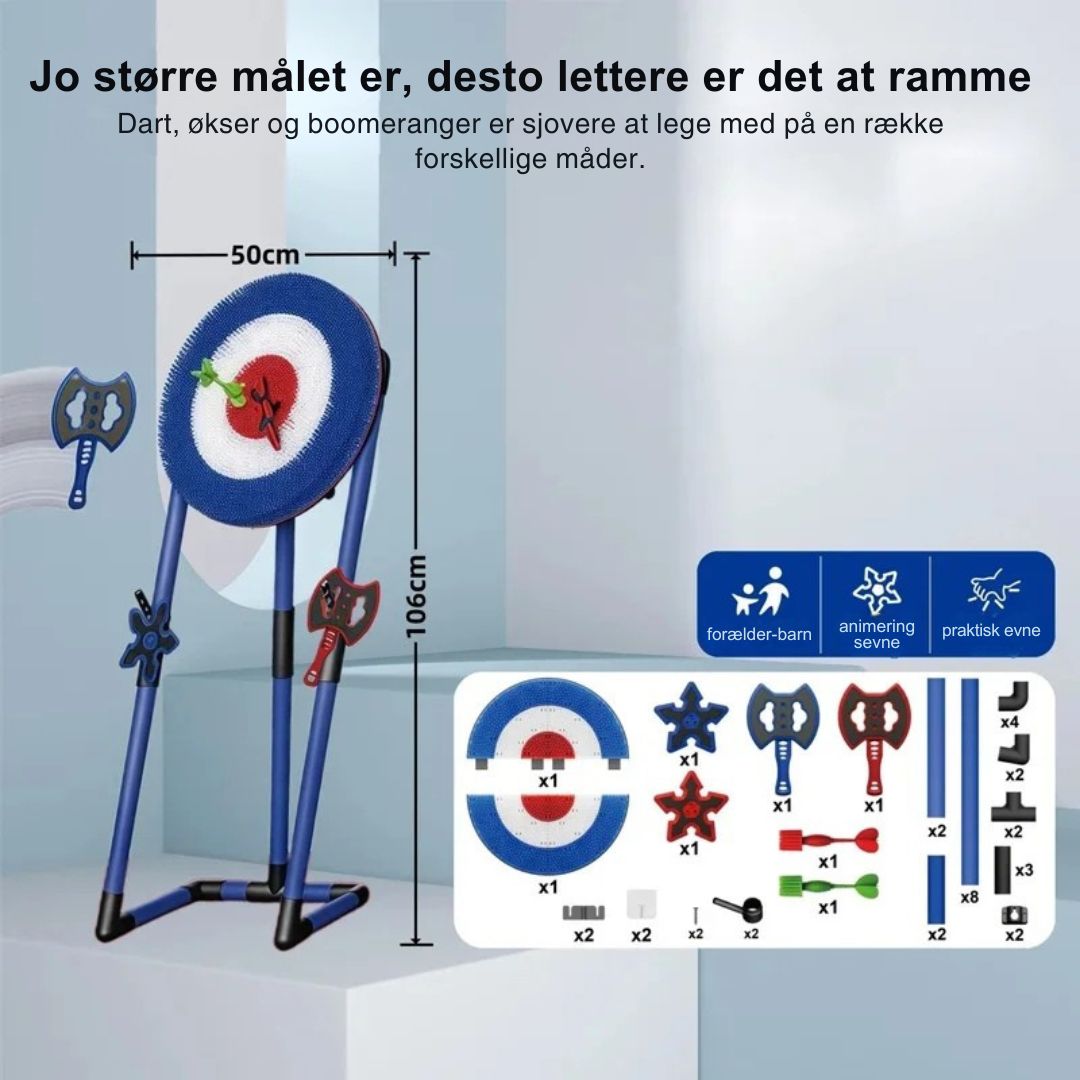 Familie leger øksekast i haven. Udendørs aktivitet for børn og voksne, perfekt til motorik.