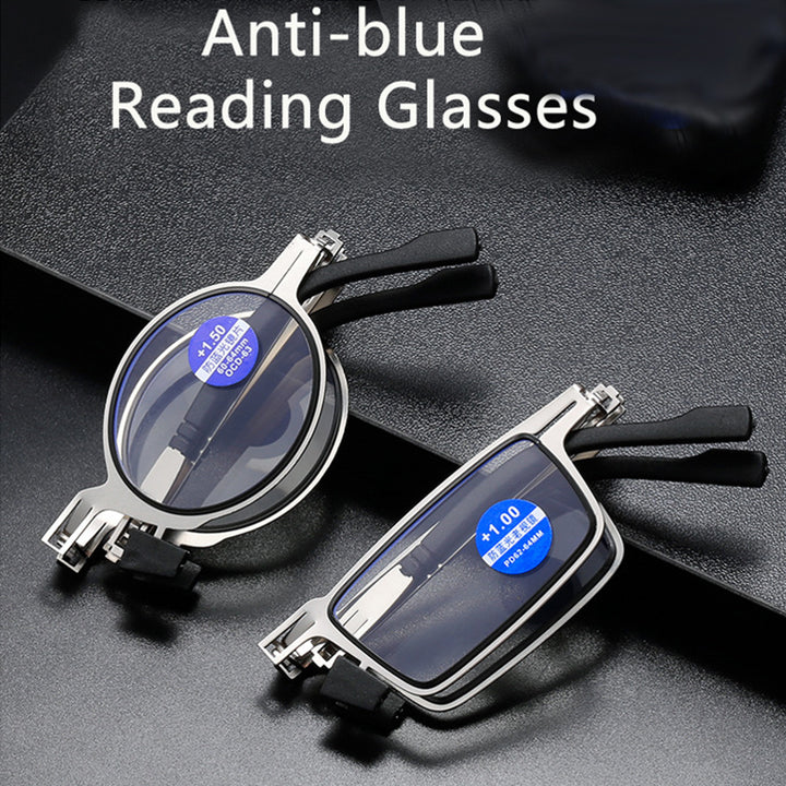 Kompakte unisex foldbare læsebriller, perfekte til mænd og kvinder. Letvægts titanium med beskyttende blålysfilter.