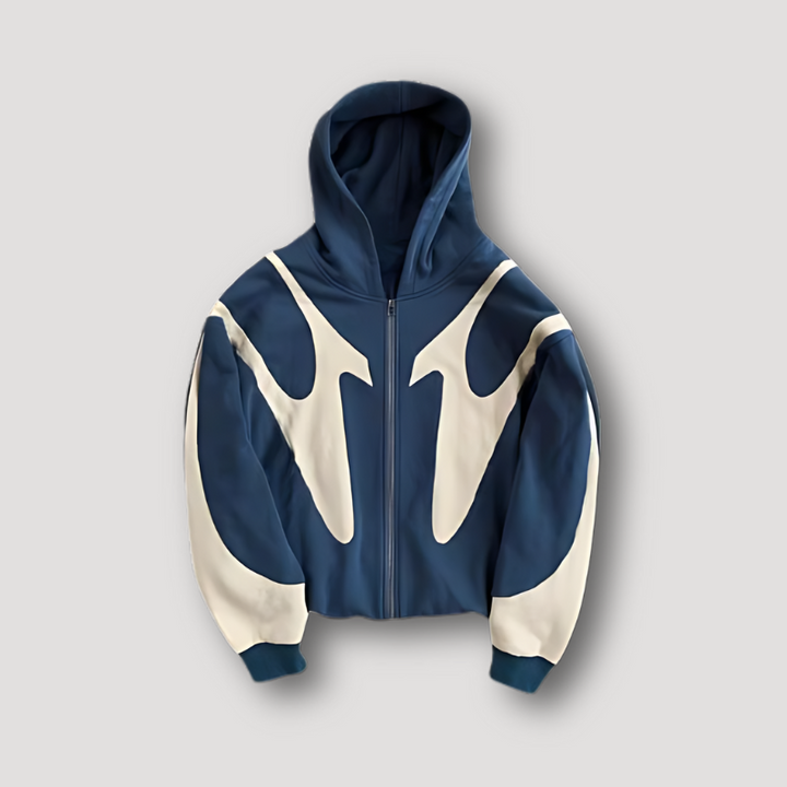 Herre oversize grafisk lynlås hoodie i colorblock design. Komfortabel streetwear hættetrøje til mænd.