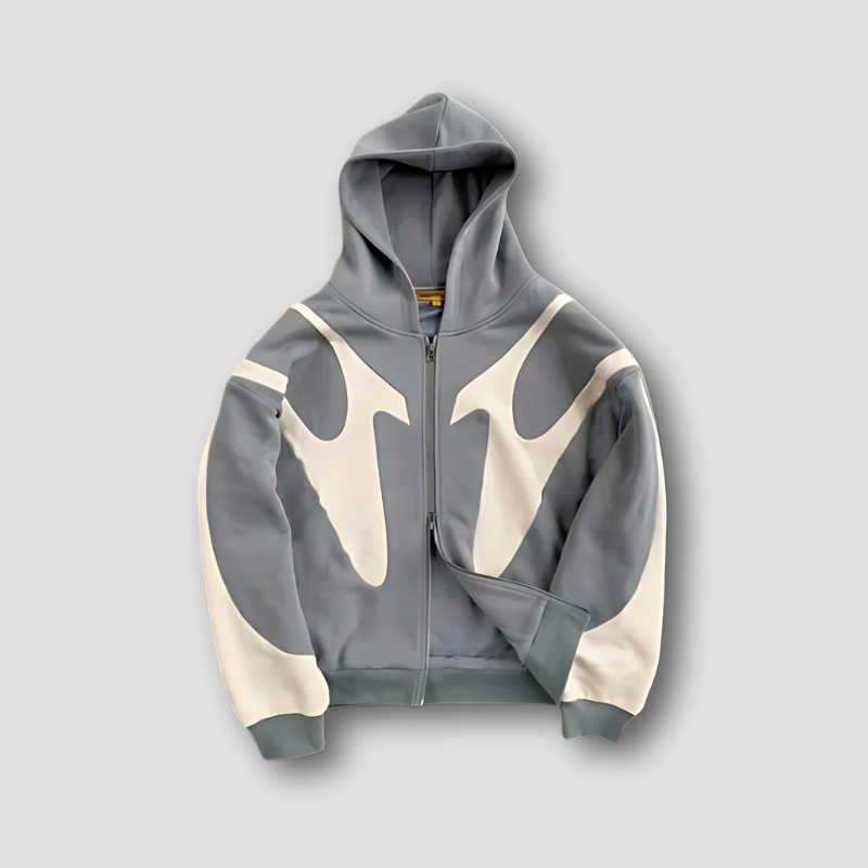 Stilfuld herre lynlås hoodie med grafisk mønster. Komfortabel blå/sort colorblock streetwear hættetrøje.