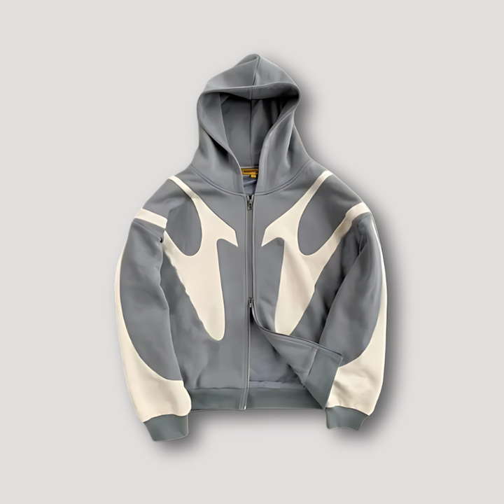Stilfuld herre lynlås hoodie med grafisk mønster. Komfortabel blå/sort colorblock streetwear hættetrøje.