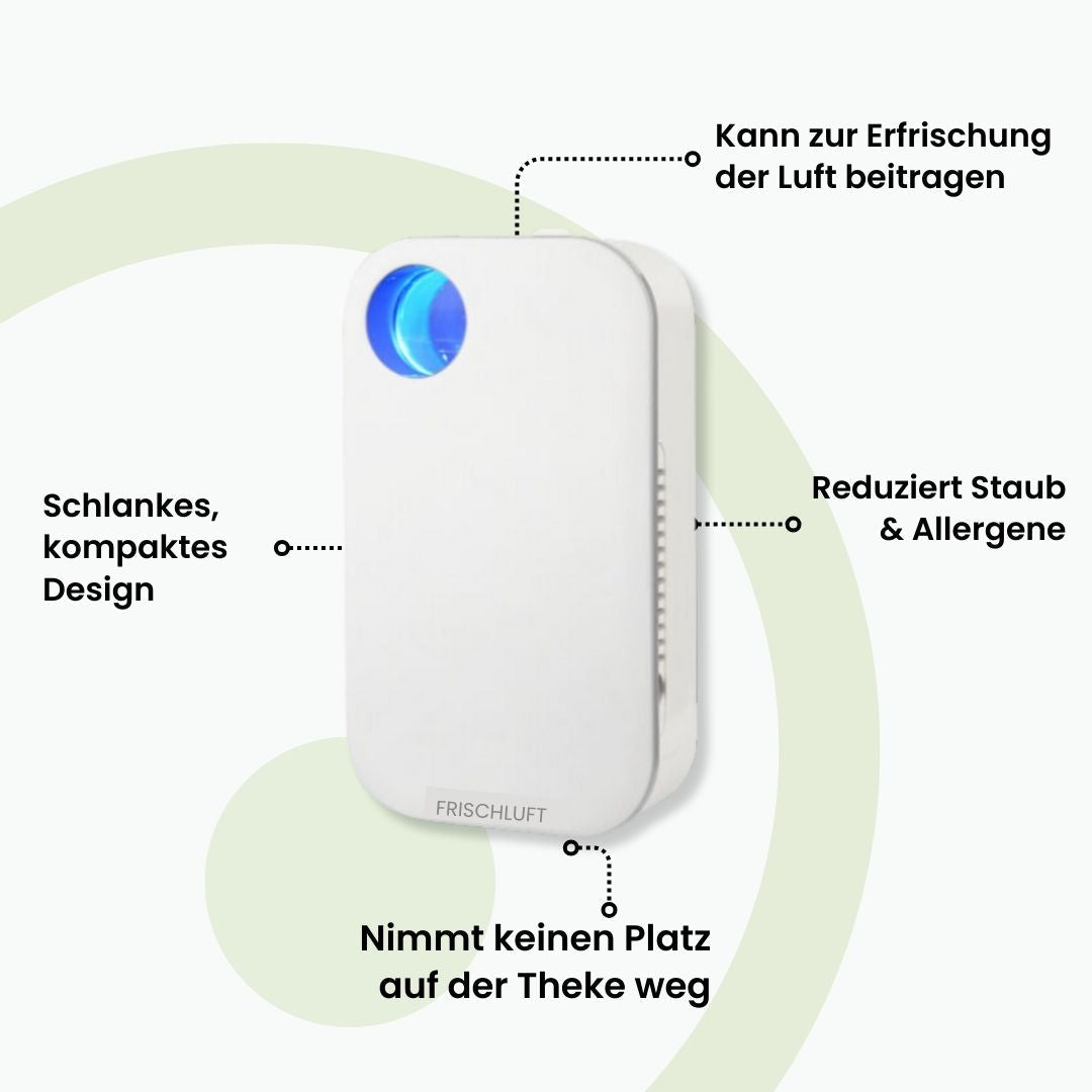FrischLuft Pro Ionisator, kompakt luftrenser; reducerer allergener, støv & lugte, ren luft til hjemmet.