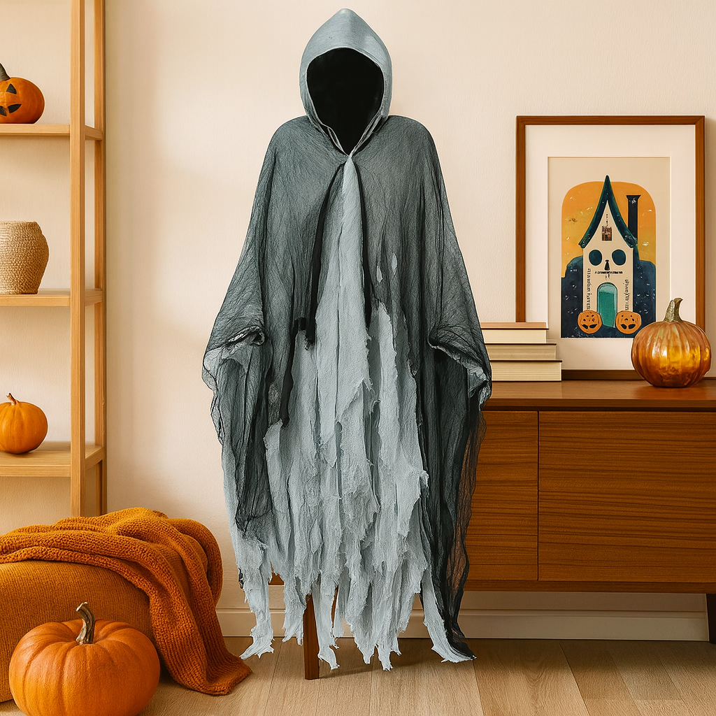 Sort mænds skelet kappe med hætte til Halloween kostume. Skræmmende udklædning til cosplay og fest.