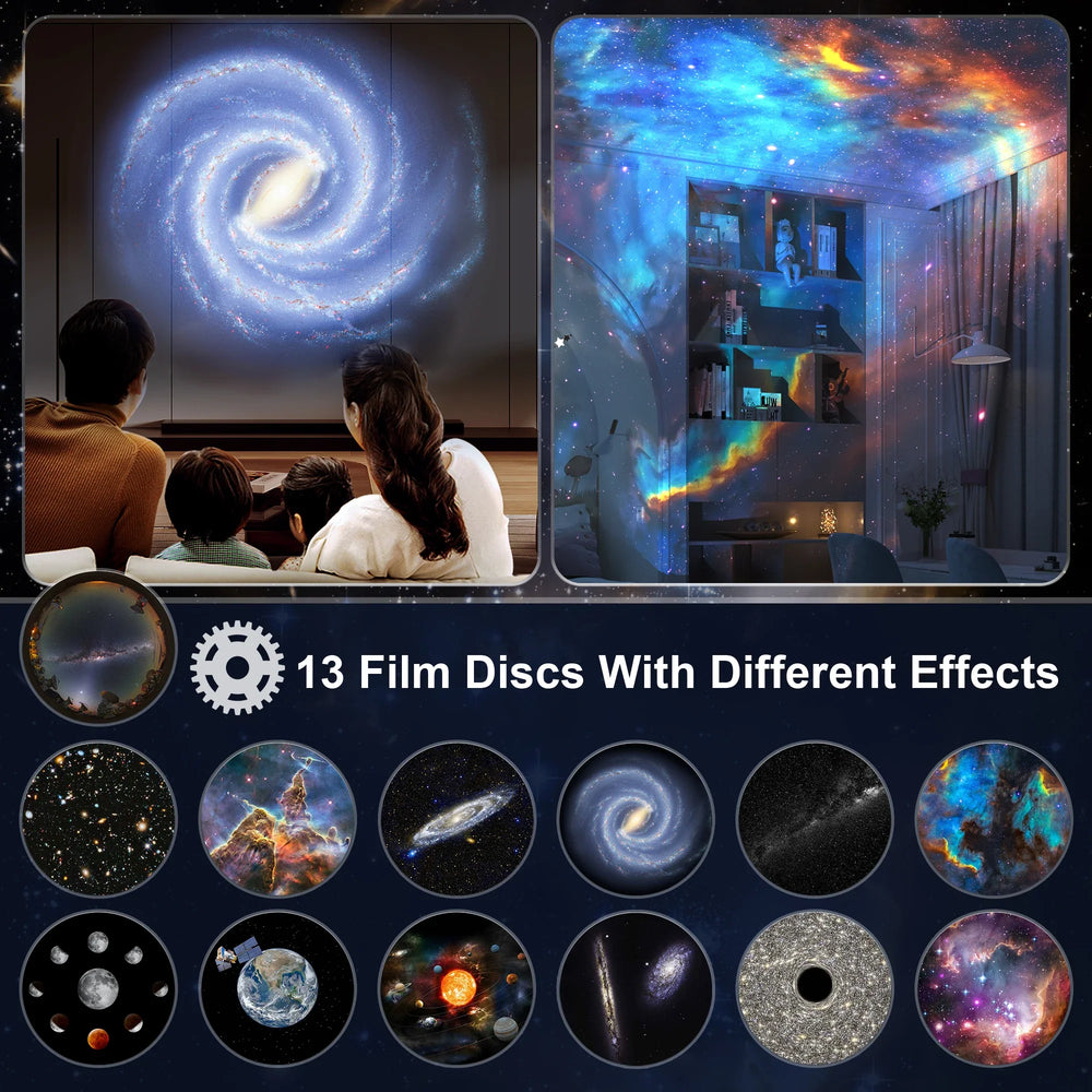 Smuk galakseprojektion fra planetarium projektor, der lyser børneværelset op med stjerner og planeter.