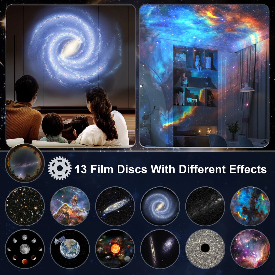 Smuk galakseprojektion fra planetarium projektor, der lyser børneværelset op med stjerner og planeter.